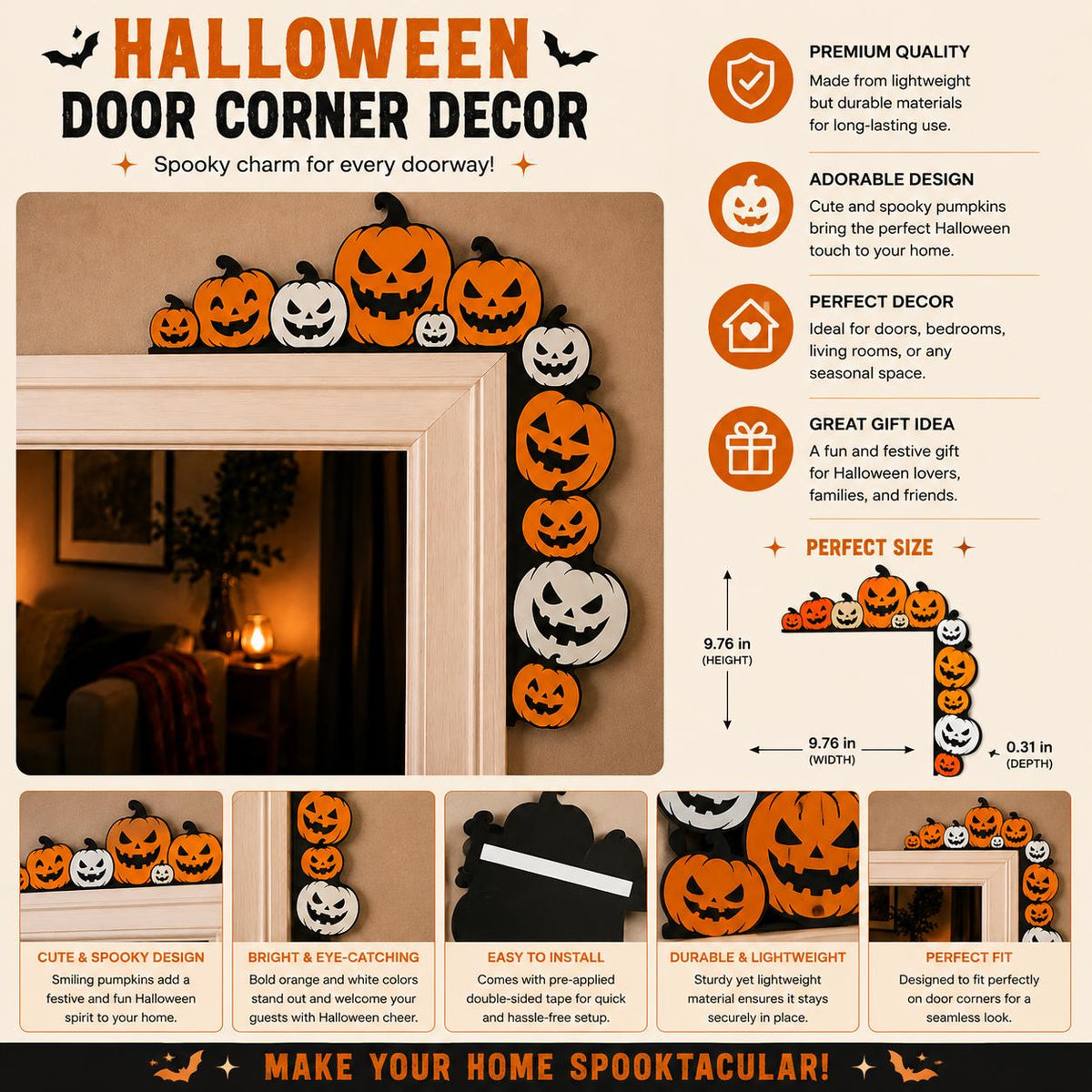 Jack O’ Lantern Door Corner Decor – Halloween Pumpkin Door Frame Topper & Spooky Home Decoration